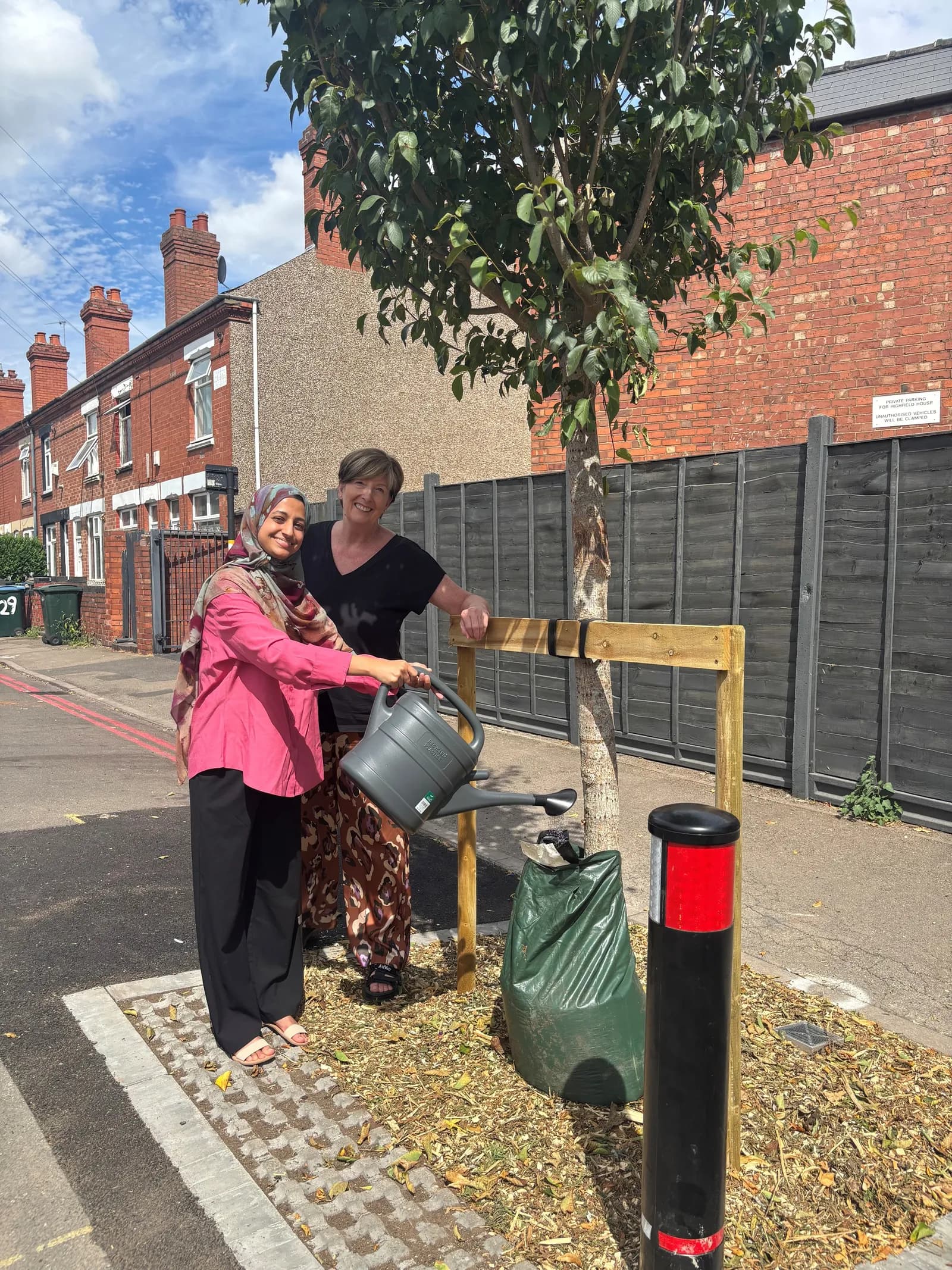 Two women, one in a hijab, water a newly planted tree on a sidewalk next to a street with brick houses in the background.
