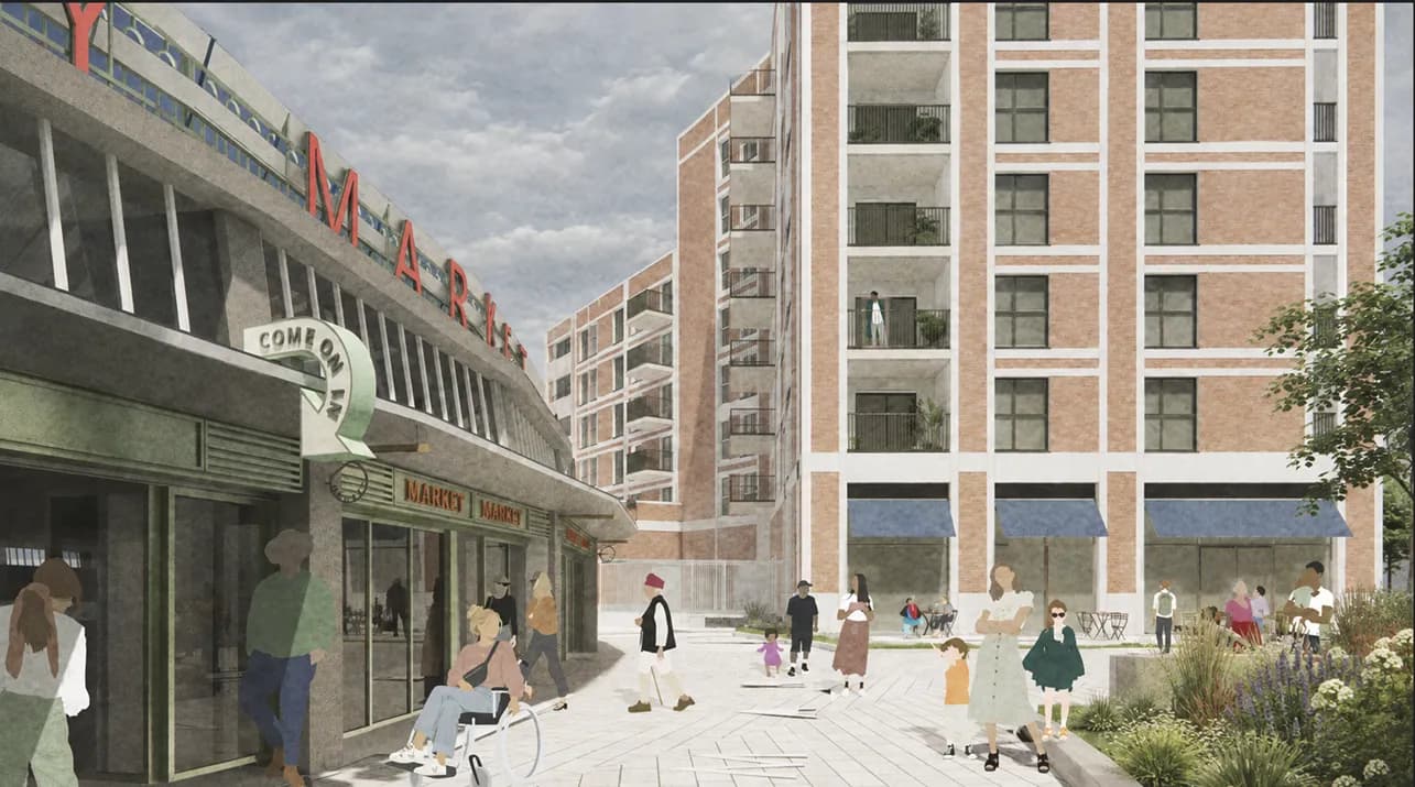 An architectural rendering of a marketplace with a sign that reads 'MARKET' and 'COME ON IN', and a modern brick building, with several people walking around a paved area.